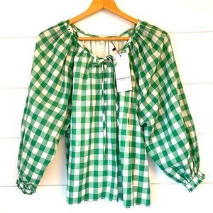 NWT Emerson Fry Green & White Gingham Peasant Top. Size small.
